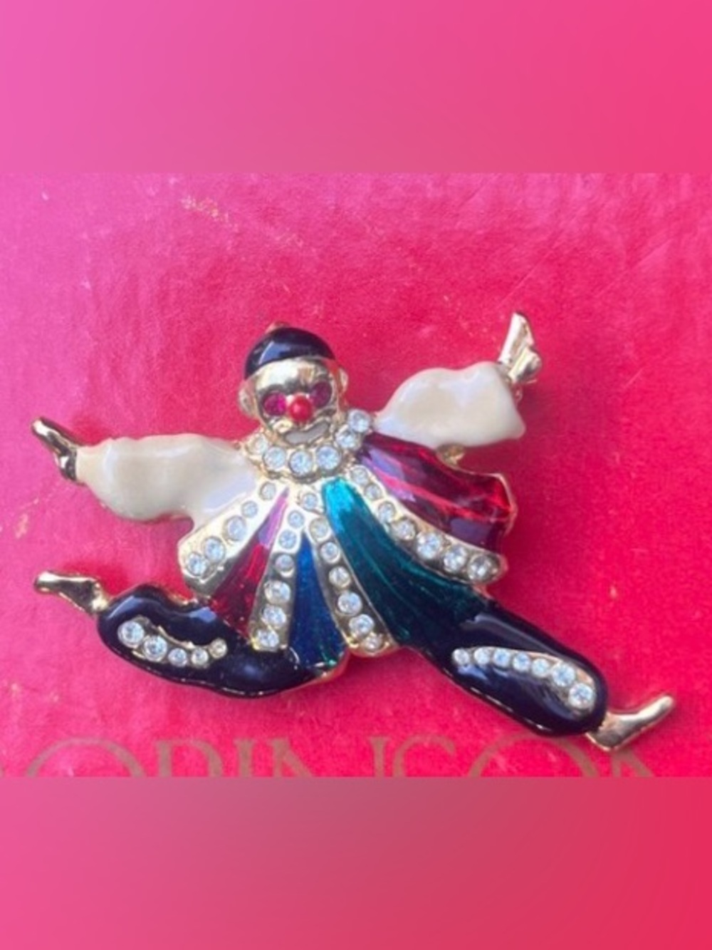 Vintage Jester Clown Pin Brooch in Multicolor Enamel and Rhinestones